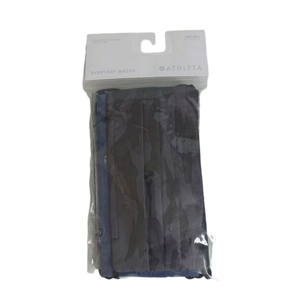 Athleta OS Pack of 5 Multicolored Blue & Camo Pleated Everyday Face Masks NWT - Picture 1 of 9